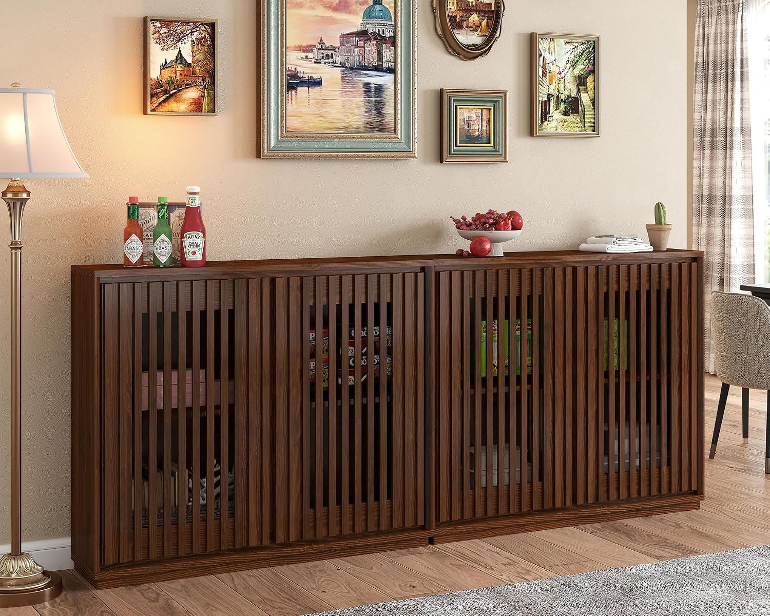LKTART Mid Century Modern Sideboard Buffet Storage Cabinet, Narrow Credenza Entryway Cabinet with 2 Doors,Media Console Table for Living Room,Hallway-Walnut,2 Piece