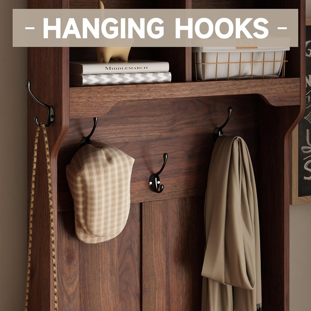 Maupvit Farmhouse Narrow Coat Rack with Shoe Storage, 6 Shoe Cubbies & 4 Coat Hooks, Hall Tree with Shoe Storage, Entryway Bench with Adjustable Shelves for Hallway, Living Room, Mudroom, Brown