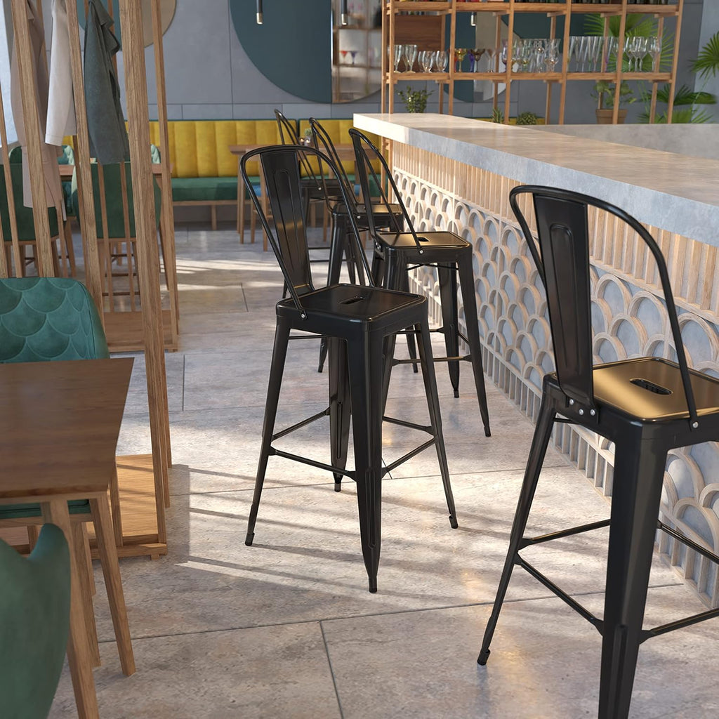 EMMA + OLIVER Commercial Grade 30" H Black Metal Indoor-Outdoor Barstool with Back