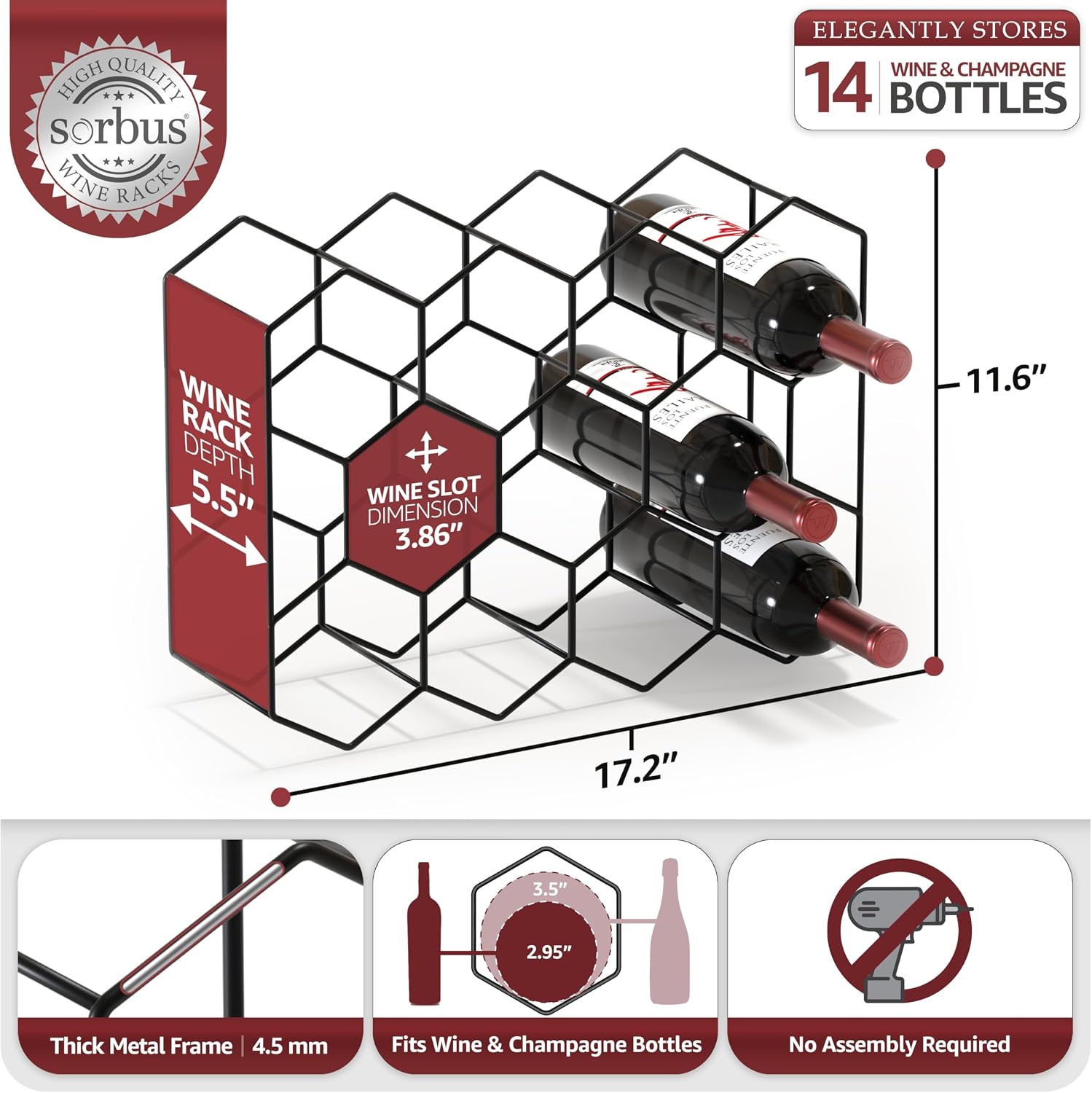 Sorbus 14 Bottle Wine Rack – Stackable Metal Wine Storage Organizer with Honeycomb Design – Cabinet, Pantry, or Bar Wine Bottle Holder – Modern Black Wine Racks Countertop - No Assembly Required