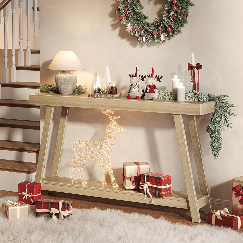 Huuger Console Table with Charging Station, USB-C Port, 2 Tiers Entryway Table, 53.9 Inch Sofa Table with Metal Legs, Entry Hallway Table with Thicker Desktop, Modern Behind Couch Table, Natural