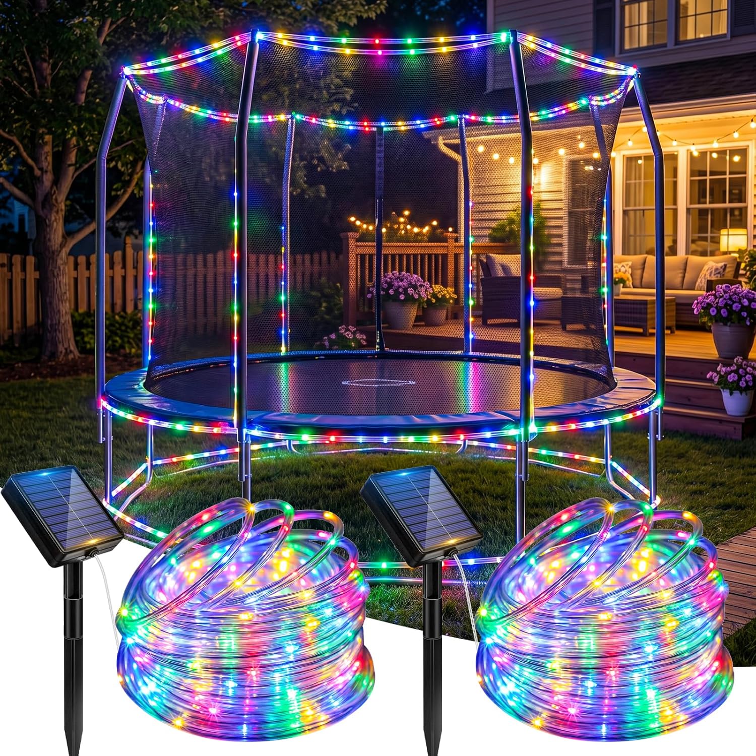 Solar Rope Lights, 2 Pack 33FT 100 LED Solar Fairy Lights with 8 Lighting Modes, IP65 Waterproof Trampoline Lights Outdoor for Yard Patio Deck Fence Tree Party Holiday Decoration, Multicolor