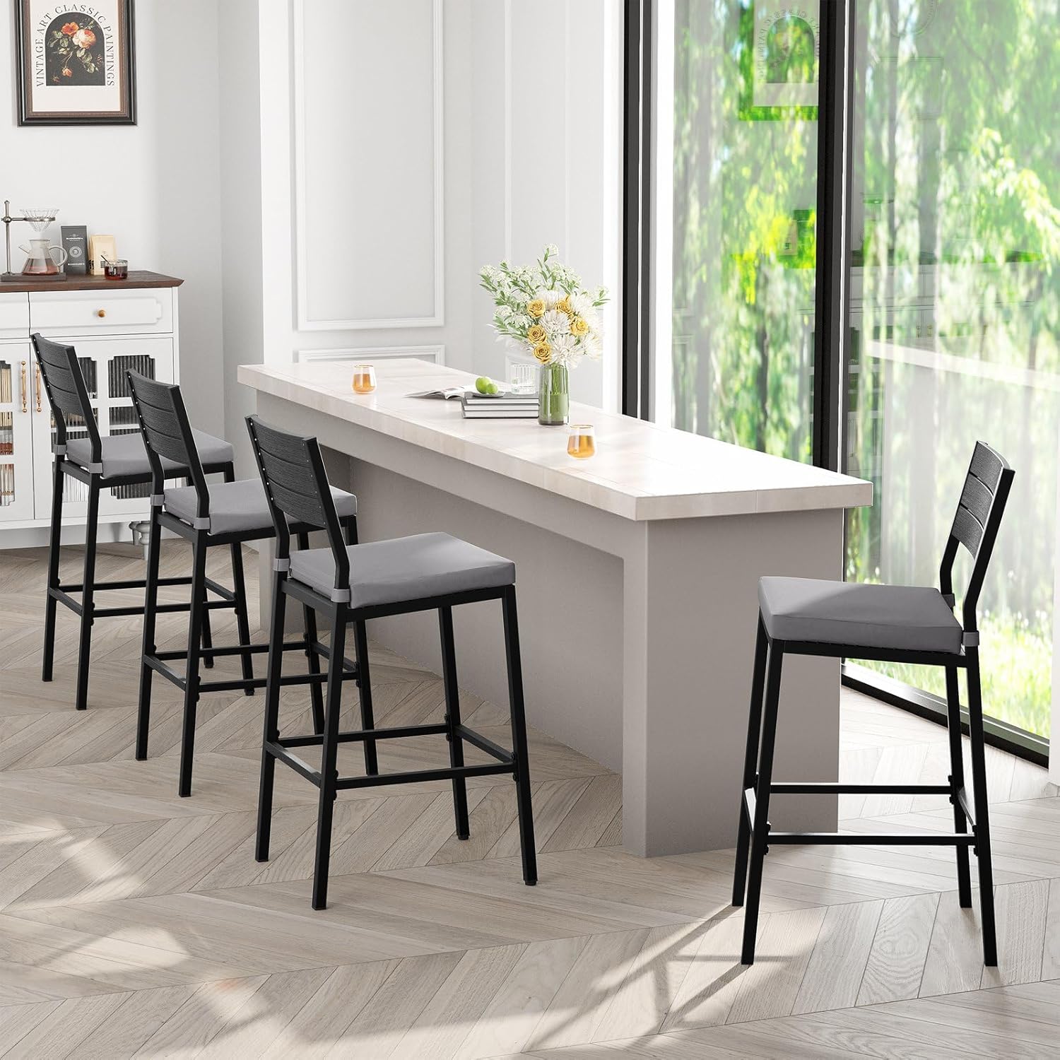 Crestlive Products Outdoor Bar Stools Set of 2, Patio Counter Height Barstools with Cushions, Tall Chairs with Back and Footrest for Deck, Lawn, Garden, Backyard, Poolside, Or Indoor Use (Light Gray)
