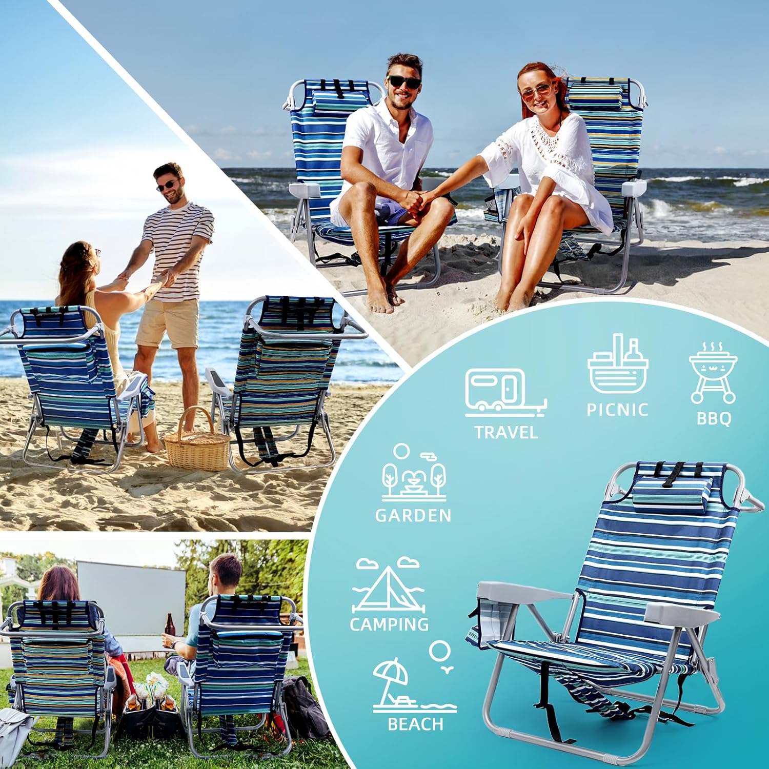 Yestomo Beach Chairs for Adults Heavy Duty, Compact Portable Lay Flat Folding Chair with Backpack Straps and Large Cooler Pouch, Support to 350LBS (2 Pack Stripes_Blue&Cyan)