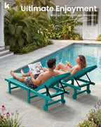 KINGYES Outdoor Armless Chaise Lounge Set of 2, HDPE Pool Lounge Chairs with Cup Holder & Wheels, Patio Lounger Chairs for Poolside, Aruba