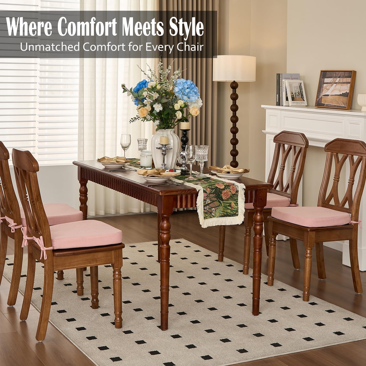 Dining Chair Cushions Set of 4-2" Thick High-Density Foam Chair Pads with Ties and Non-Slip Bottom, Removable Washable Cover for Dining and Kitchen, 17"x16", Pink
