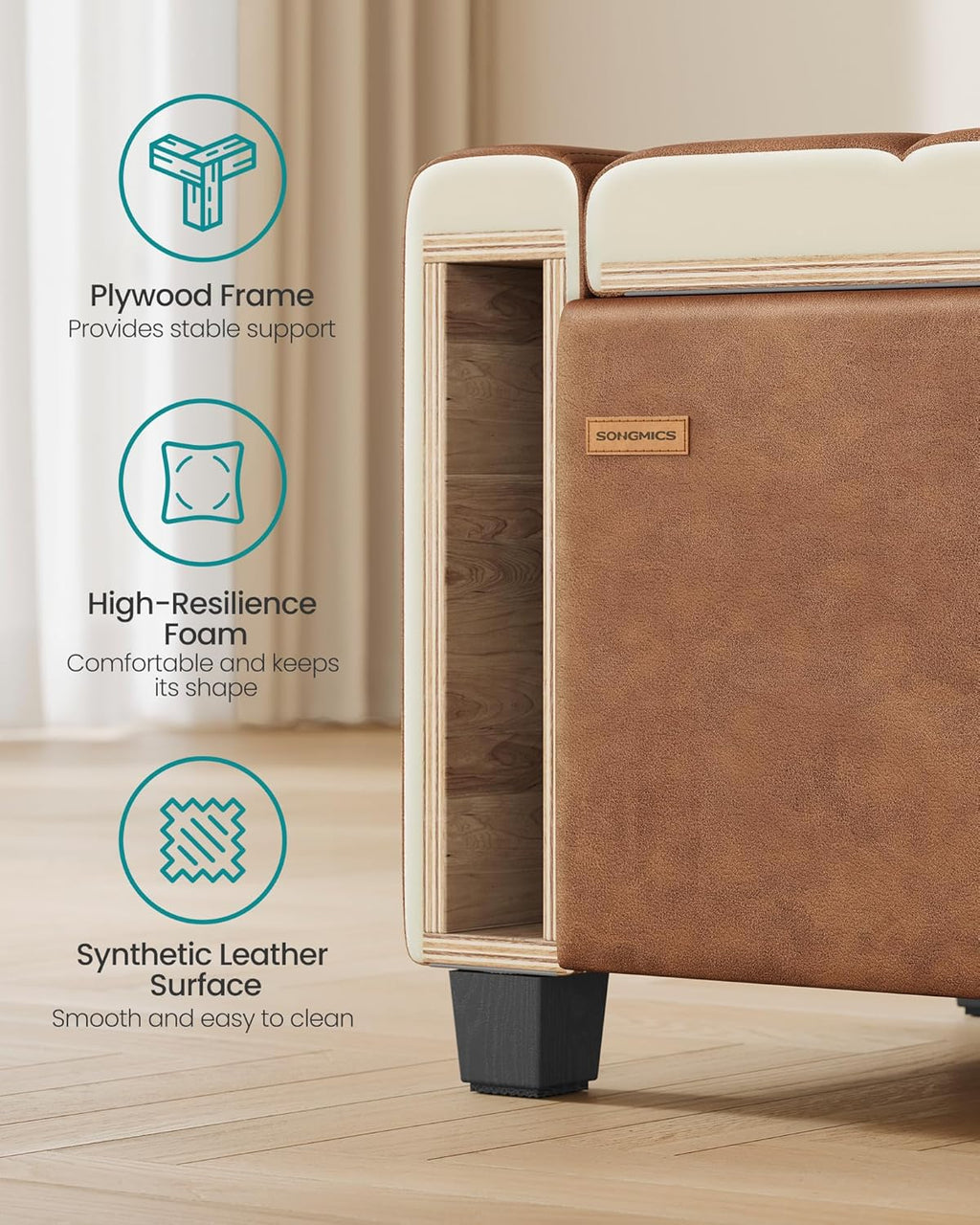 SONGMICS Storage Ottoman, Storage Chest Bench with Legs, End of Bed Bench with Safety Hinges, Pull Tab, for Living Room, Bedroom, 19.7 x 47.6 x 16.5 Inches, Synthetic Leather, Coffee Brown ULOM521KQ01