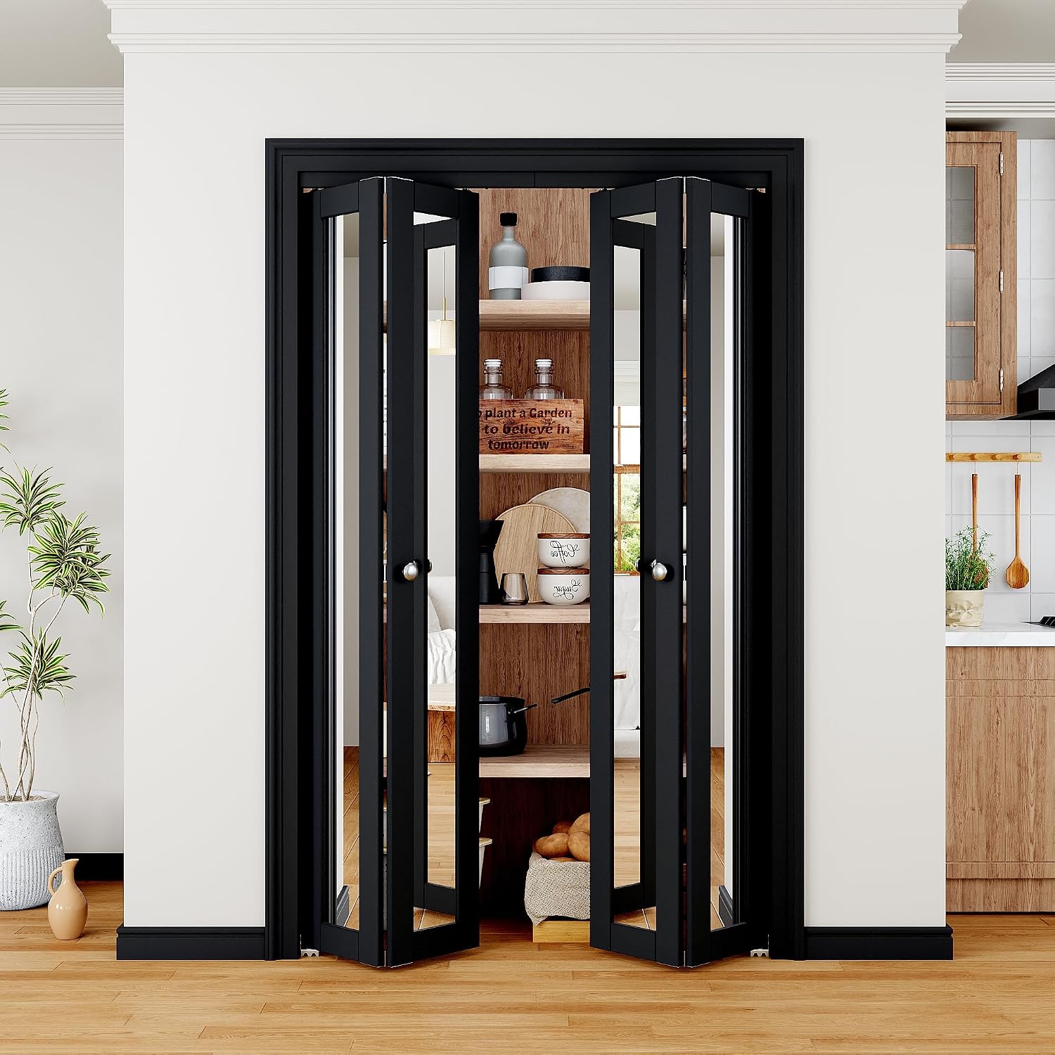 Bifold Doors 48" x 80" Opening, Mirrored Bifold Closet Door with Hardware Kit, Interior Bi Fold Door for Closet/Pantry/Laundry, Folding Barn Doors Panels, Easy to Install, Black