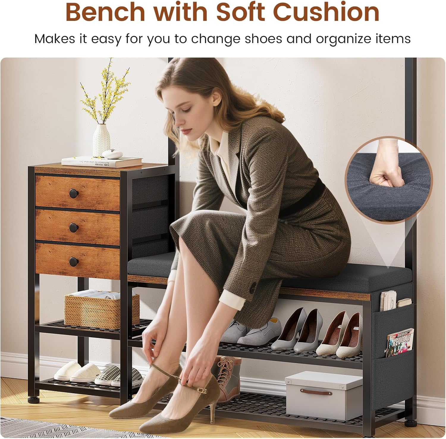 Entryway Hall Tree with Bench, Shoe Storage, Soft Cushion, 3 Fabric Drawers and Storage Bag, 7-in-1 Coat Rack for Hallway, Rustic Brown