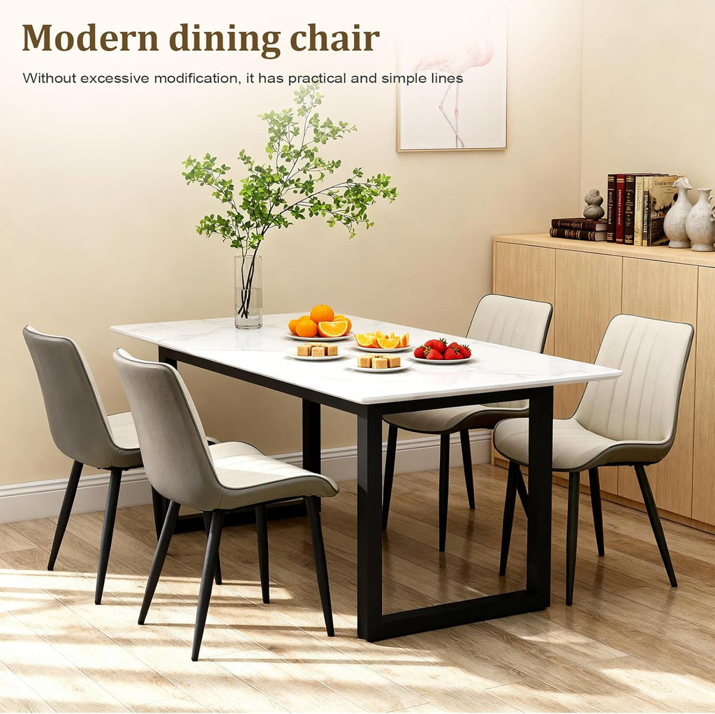 Dining Chairs Set of 6, Leather Modern Kitchen & Dining Room Chairs, Comfortable Upholstered Kitchen Chairs with Metal Legs Armless Side Chairs for Bedroom Restaurant Cafe, Khaki & Dark Grey