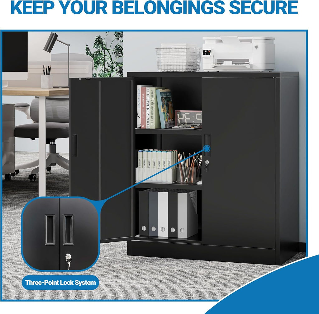 Metal Storage Cabinet, 36" Locking Steel Cabinet with 2 Doors and 2 Adjustable Shelves for Garage, Home, Office, Kitchen (Black, 36" H x 32" W x 16" D)