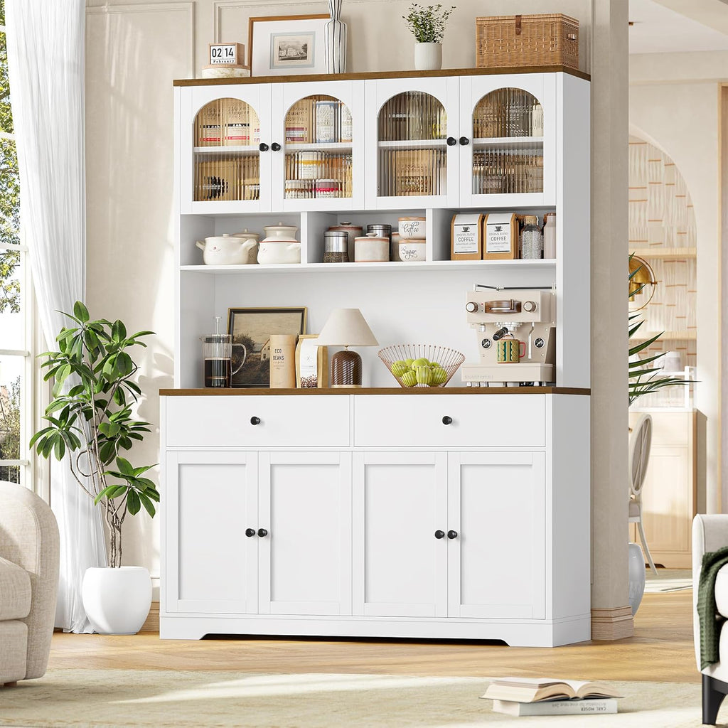FINETONES 71" Pantry Cabinet, Tall Kitchen Pantry Storage Cabinet with Charging Station, 47.2" Wide Kitchen Hutch Food Storage Cabinets with Open Countertop for Dining Room, White