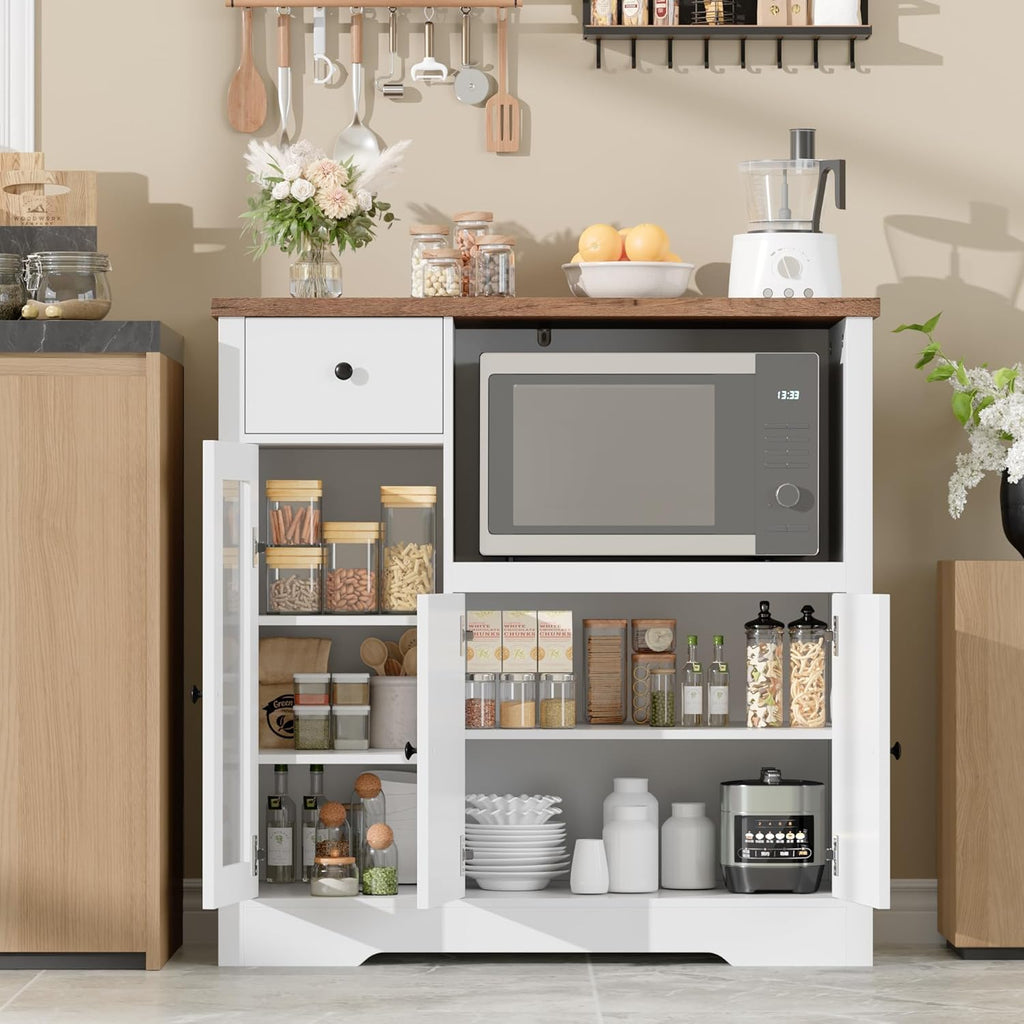 GarveeHome Kitchen Microwave Cabinet with Storage and Drawers, Modern Small Buffet Cabinet with Glass Doors and Adjustable Shelf, Wooden Sideboard with Wide Top for Dining Room, Living Room, White