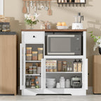 GarveeHome Kitchen Microwave Cabinet with Storage and Drawers, Modern Small Buffet Cabinet with Glass Doors and Adjustable Shelf, Wooden Sideboard with Wide Top for Dining Room, Living Room, White
