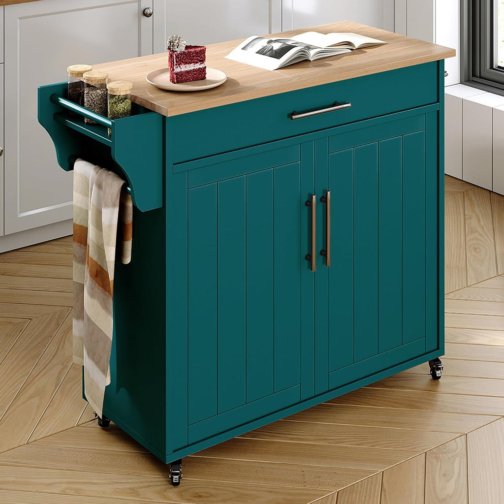 Kitchen Island with Storage, Wooden Countertop Rolling Kitchen Island On Wheels Storage Cabinet, Mobile Kitchen Island Cart with Towel Rack, Spice Rack and Drawers,Green