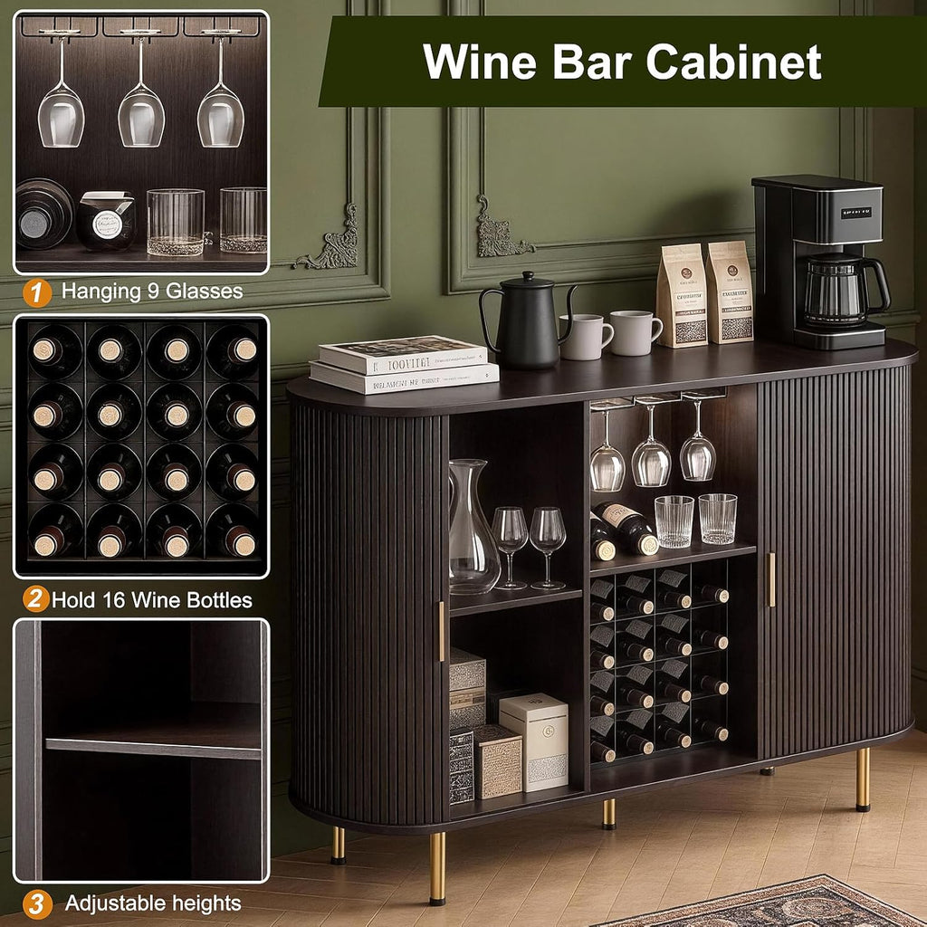 DHH 55" Wine Bar Cabinet with Storage, Fluted Liquor & Coffee Bar Cabinet with Wine Rack and Glass Holder, Buffet Sideboard with LED Lights for Home Kitchen Living Dining Room (Dark Walnut)