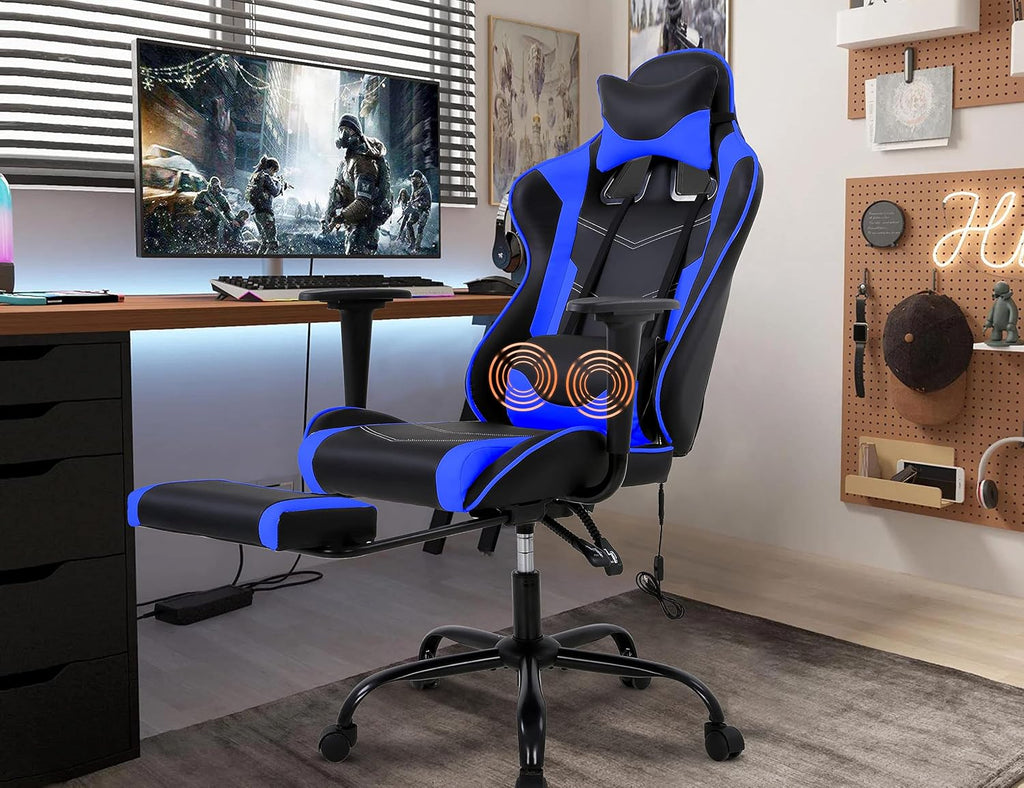 Gaming Chair, Height Adjustable Swivel Rolling Chair with Headrest Footrest and Massage Lumbar Support, PU High Back Ergonomic PC Chair for Office or Gaming, Office Gaming Chair