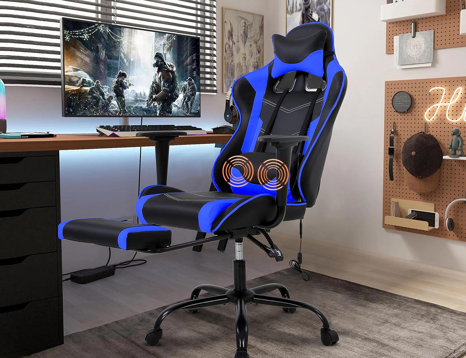 Gaming Chair, Height Adjustable Swivel Rolling Chair with Headrest Footrest and Massage Lumbar Support, PU High Back Ergonomic PC Chair for Office or Gaming, Office Gaming Chair