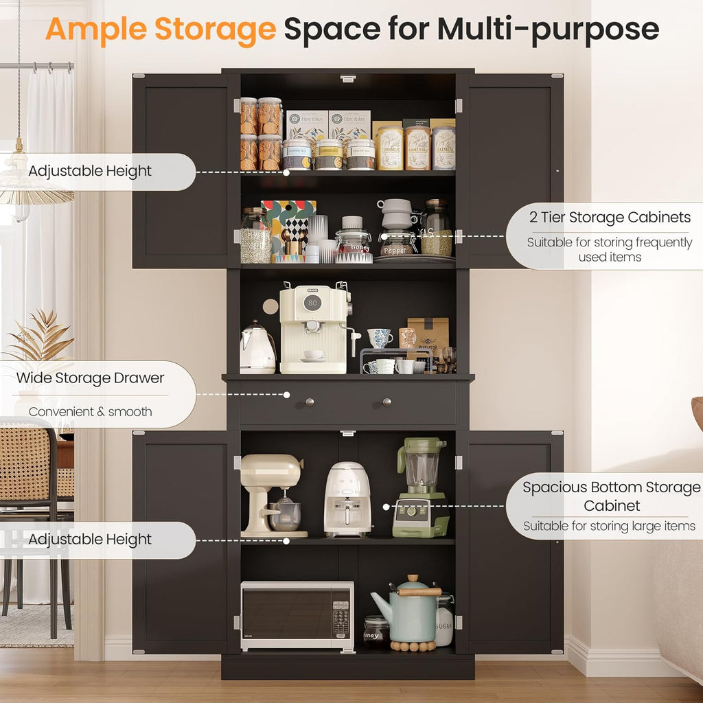 Apicizon 71’’ Tall Kitchen Pantry Storage Cabinet, Modern Kitchen Hutch Bar Cabinet with Microwave Stand & 3 Adjustable Shelves, Cupboard with Deep Drawer, Wood Buffet Sideboard for Dining Room, Black