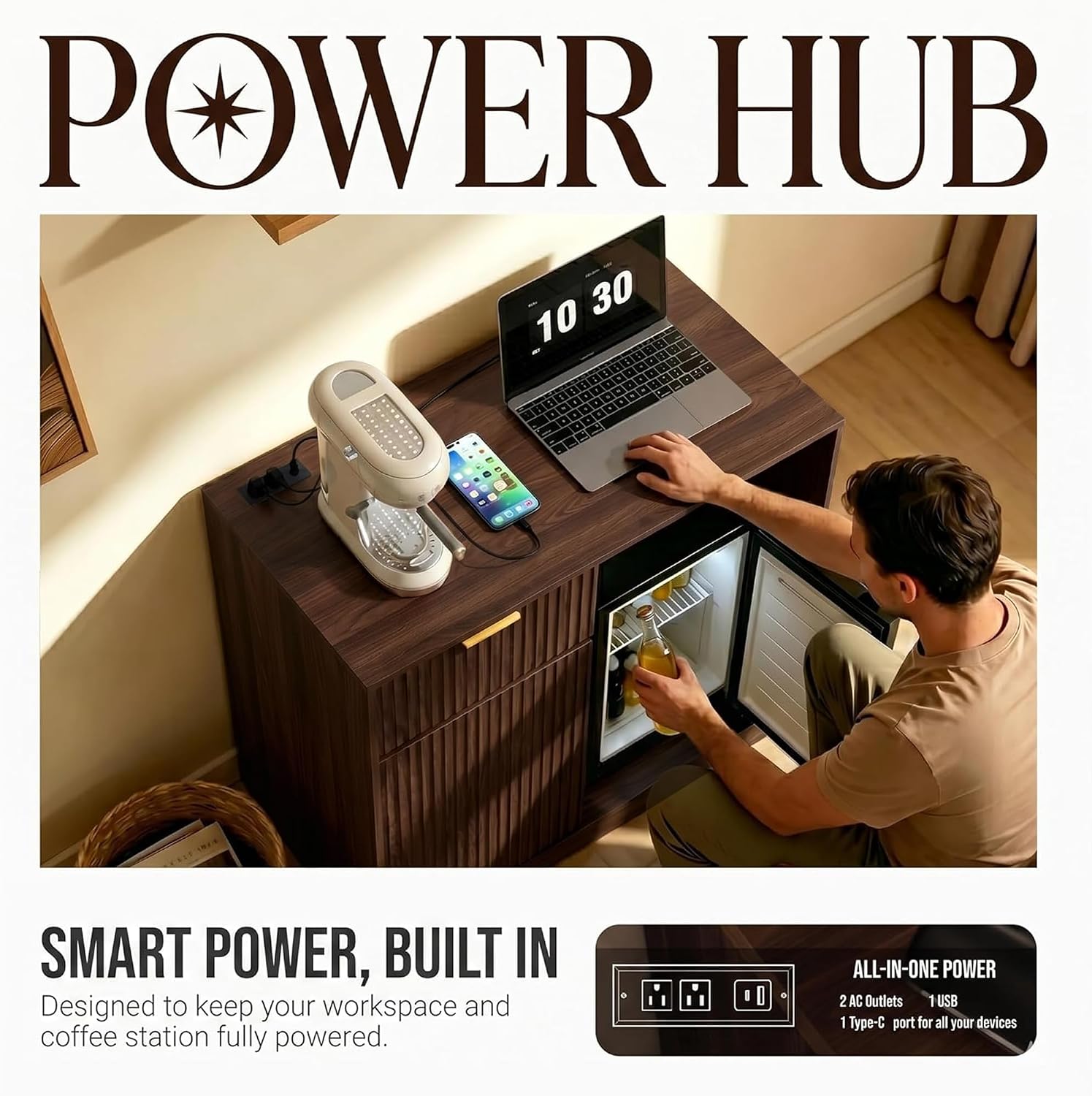 Mini Fridge Cabinet with Power Outlet, Coffee Bar Cabinet with Fridge Space & Wine Glass Rack, Fluted Buffet Sideboard with Drawer & Adjustable Shelf, Home Bar Cabinet for Living, Dining Room Kitchen