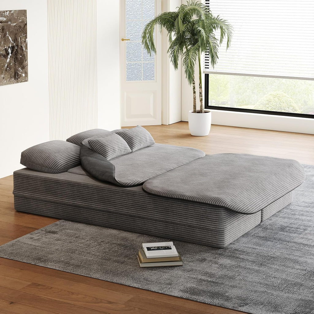 Antetek Convertible Sleeper Sofa, Modern Folding Futon Corduroy Floor Foam Compression Loveseat Sofa Bed Couch, Foldable Full Size Guest Bed with 4 Pillows for Living Room Bedroom Apartment, Grey