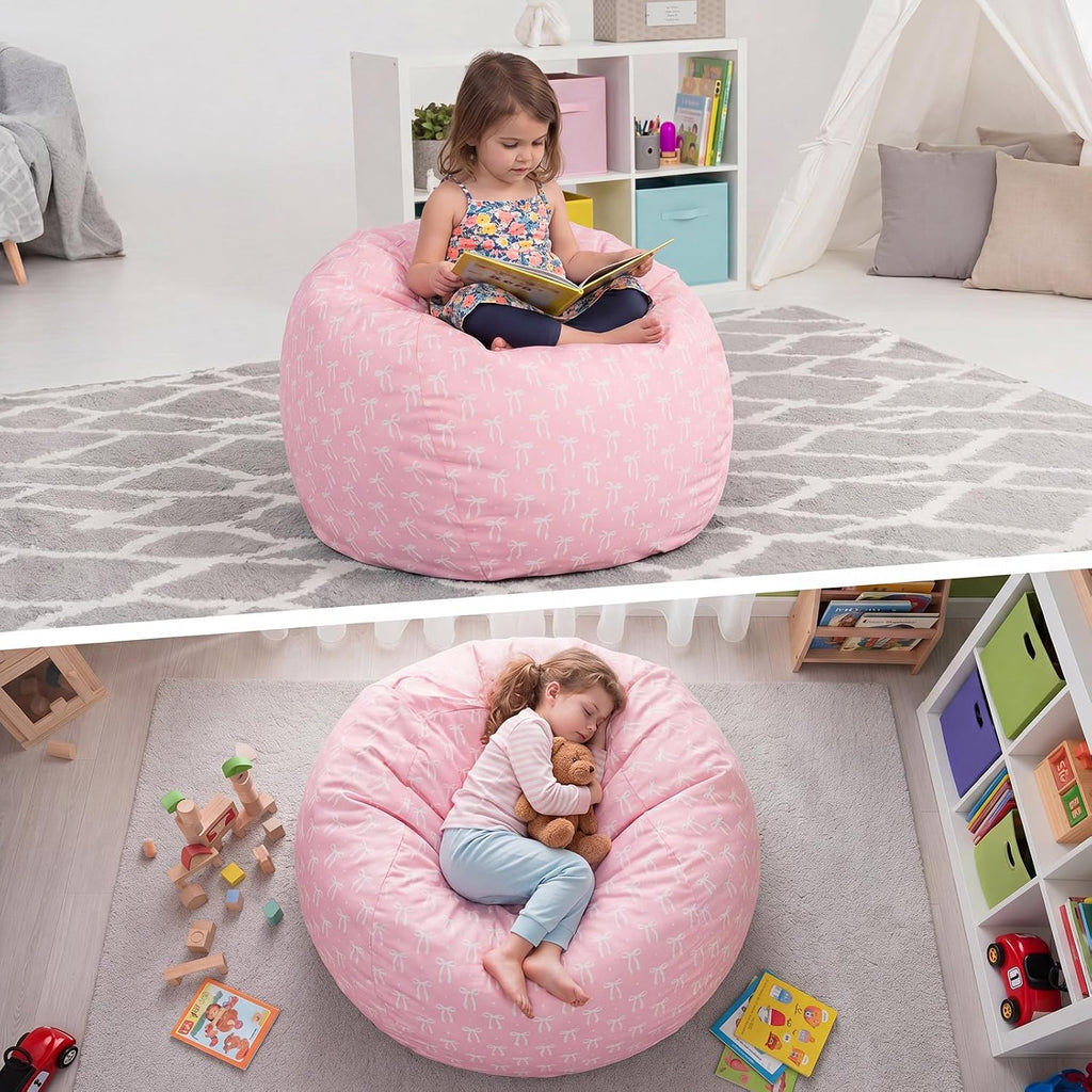 Pink Bow Bean Bag Cover for Kids 38 Inch Stuffed Animal Storage Bean Bag Chair Cotton Canvas Toy Storage Large Capacity Plush Toy Organizer for Playroom Bedroom Nursery
