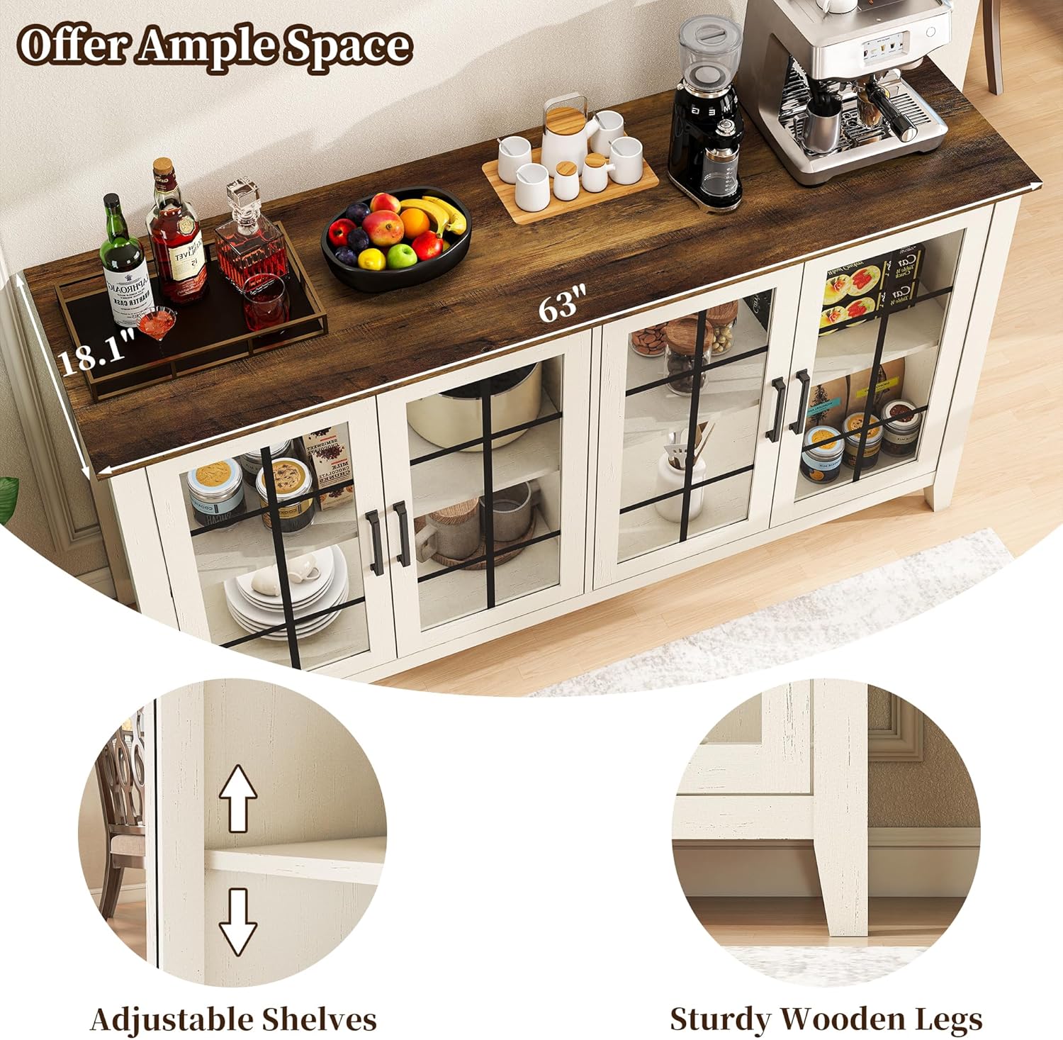 63 Inch Sideboard Buffet Cabinet with 4 Glass Doors, Coffee Wine Bar Storage Cabinet, Modern Buffet Table with Storage for Dining Room, Kitchen, Living Room, Antique White