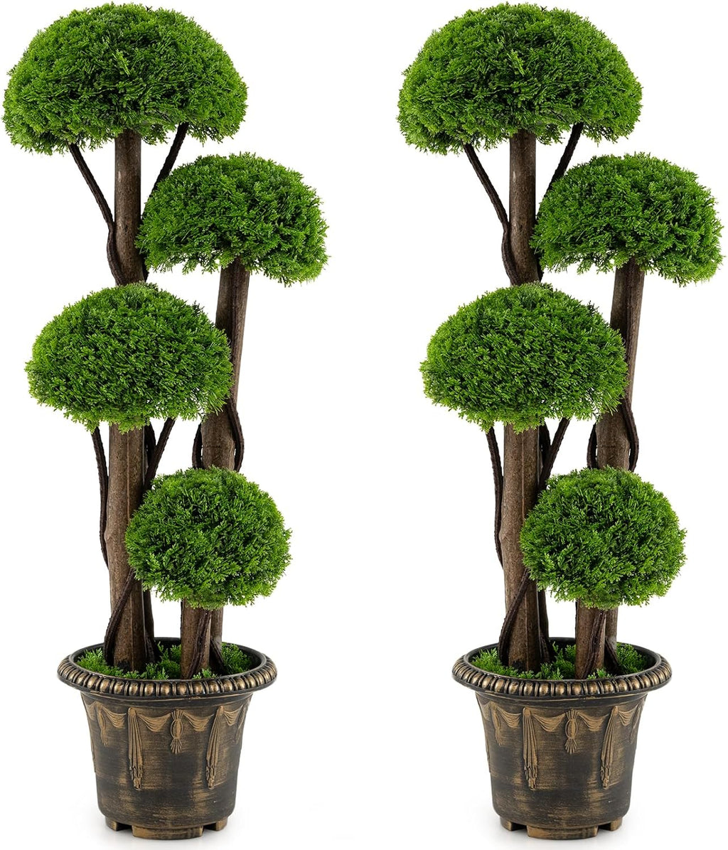 Goplus 3 FT Artificial Cypress Topiary Ball Tree, Faux Greenery Plant with Cement-Filled Planter, Vines, Real Wood Trunks, Indoor Outdoor Fake Shrub Plant for Office Home Front Porch Decor (2 Pack)