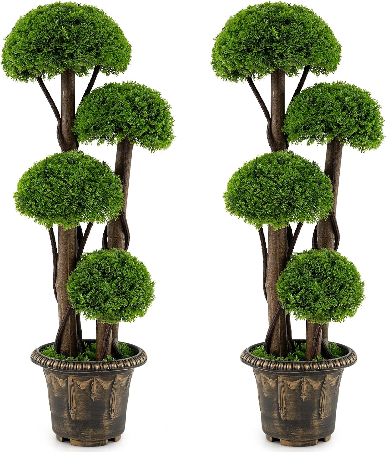 Goplus 3 FT Artificial Cypress Topiary Ball Tree, Faux Greenery Plant with Cement-Filled Planter, Vines, Real Wood Trunks, Indoor Outdoor Fake Shrub Plant for Office Home Front Porch Decor (2 Pack)