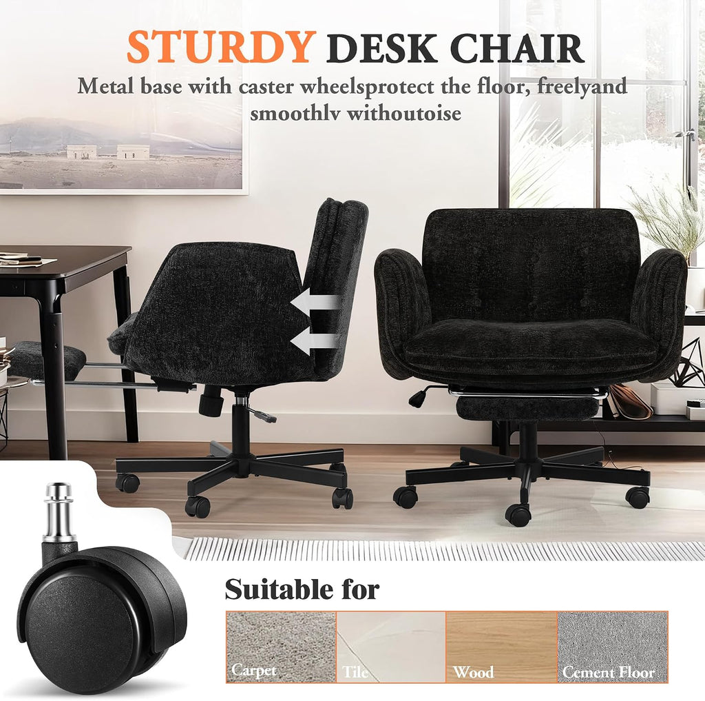 Criss Cross Chair with Footrest & 5 Level Folding Arms Full Relaxation, Wide Cross Legged Office Chair for Home Office, Comfy Swivel Desk Chair with Ottoman, Chenille Vanity Chair (Black)