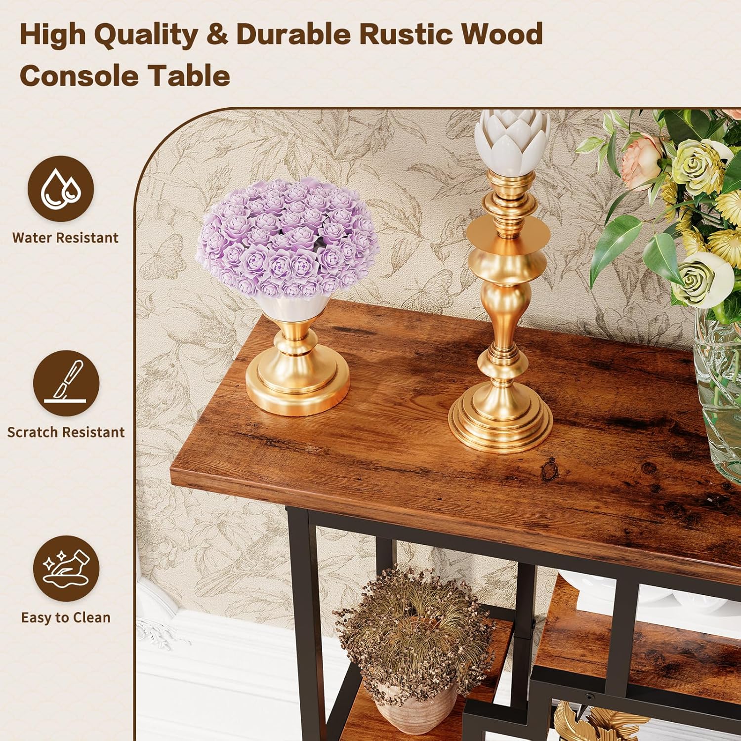 HavenlyYouth 41.3 Inch Entryway Table, Narrow Console Table Behind Couch, Accent Sofa Table with Storage Shelves for Hallway, Entrance, Foyer, Living Room, Rustic Brown