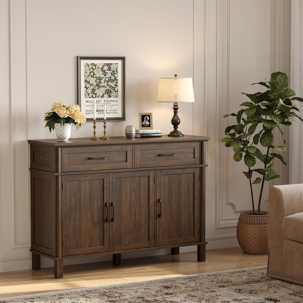 48 Inch Sideboard Buffet Cabinet with Storage, Farmhouse Coffee Bar Cabinet with 4 Drawers, Adjustable Shelves, Wood Sideboard Credenza for Kitchen, Living Room, Entryway, Brown