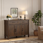 48 Inch Sideboard Buffet Cabinet with Storage, Farmhouse Coffee Bar Cabinet with 4 Drawers, Adjustable Shelves, Wood Sideboard Credenza for Kitchen, Living Room, Entryway, Brown