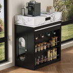Extendable Dining Table with Folding Tabletop, Bar Table with Drawers and Power Outlet, Kitchen Island with Wheels and Hooks, Sideboard for Kitchen and Dining Room (Black+Marble White)