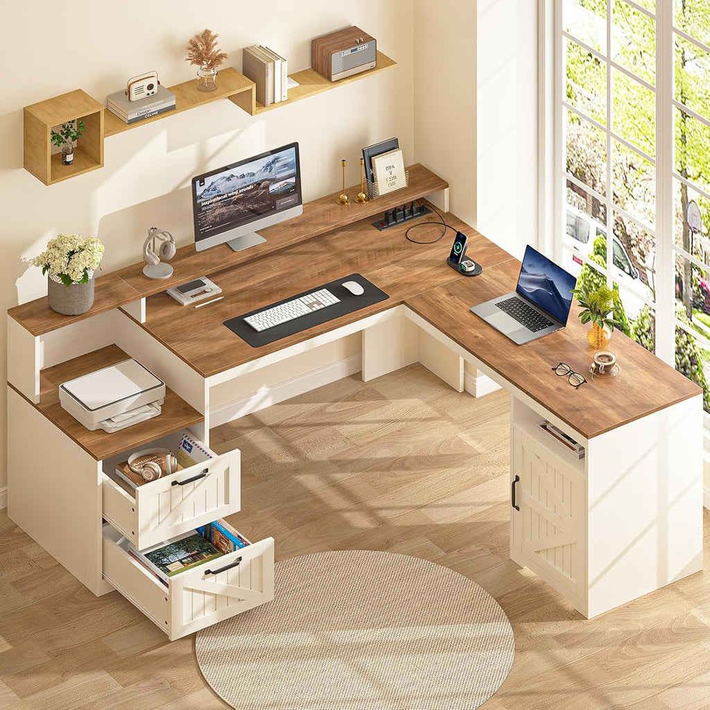 YOMILUVE 63" Farmhouse L Shaped Executive Desk with Drawers & Storage Shelf, Corner Computer Desk with Power Outlets, L Shaped Office Desk with Monitor Stand, Printer Shelf, Antique White