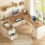 YOMILUVE 63" Farmhouse L Shaped Executive Desk with Drawers & Storage Shelf, Corner Computer Desk with Power Outlets, L Shaped Office Desk with Monitor Stand, Printer Shelf, Antique White