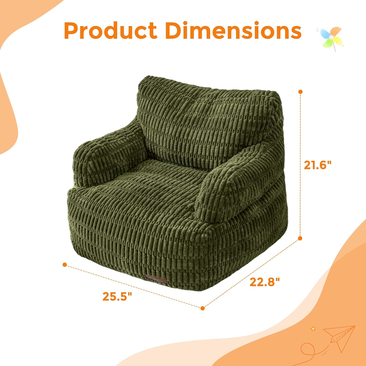 MAXYOYO Bean Bag Chair for Kids, Toddler Bean Bag Sofa with Armrest, Comfy Lazy Chair with Convenient Pockets, Floor Sofa with Filler for Gaming, Reading, Dark Green