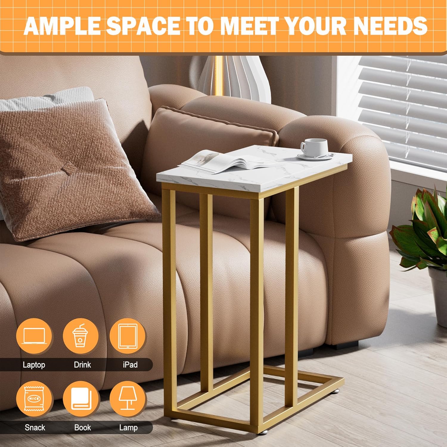 VECELO Universal C-Shaped Side Table, Multi-Functional Snack & TV Tray for Living Room, Bedroom, Gold (2 Set)