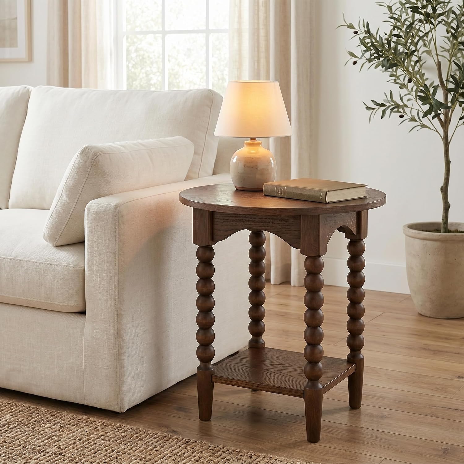Pembroke 22” Round Cottage End Table with Spindle Legs, Lower Shelf Storage & Levelers, Rustic Oak Veneer & Pine Wood | Cocoa Brown