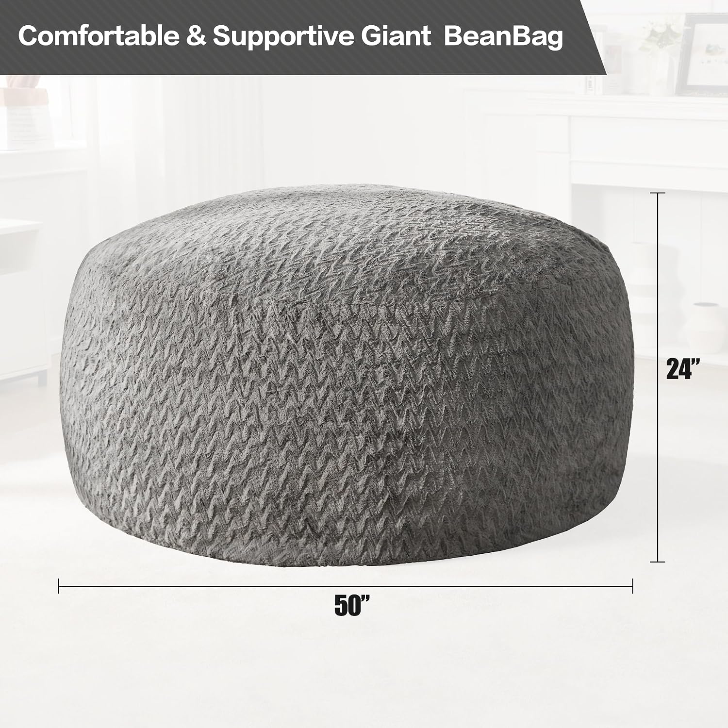 Hobestluk Bean Bag Chair Large Washable Soft Living Room Adult 5Ft Grey | No Assembly Required Memory Foam Filling Machine Washable Cover Bedroom Dorm Reading Gaming Fluffy Plush Faux Fur Fabric
