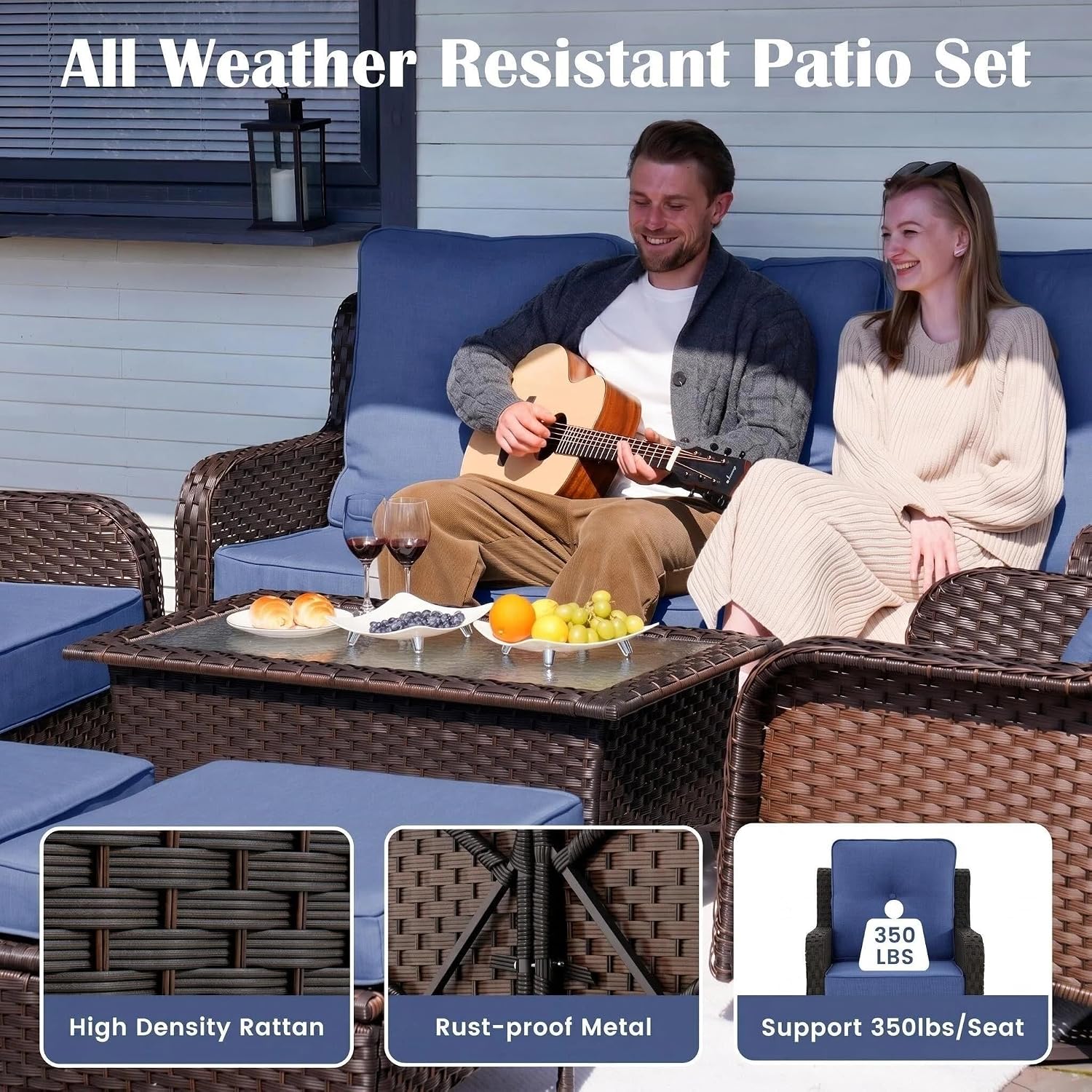 Sundale Outdoor Wicker 3-Seat Patio Sofa, Luxury Outdoor Couch with High Back & Wider Armrests, Patio Furniture with 6-inch Cushions for Yard, Deck, Poolside (Blue)