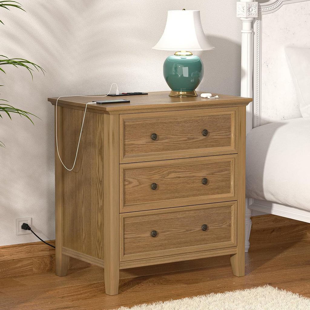 IKENO Solid Wood Nightstand Set of 2，Bed Side Table with Charging Station, Farmhouse Night Stand with 3 Storage Drawers for Bedroom, 27.6" W x 16.8" D x 26.8" H, Teak