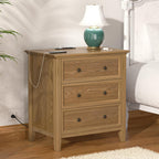 IKENO Solid Wood Nightstand Set of 2，Bed Side Table with Charging Station, Farmhouse Night Stand with 3 Storage Drawers for Bedroom, 27.6" W x 16.8" D x 26.8" H, Teak