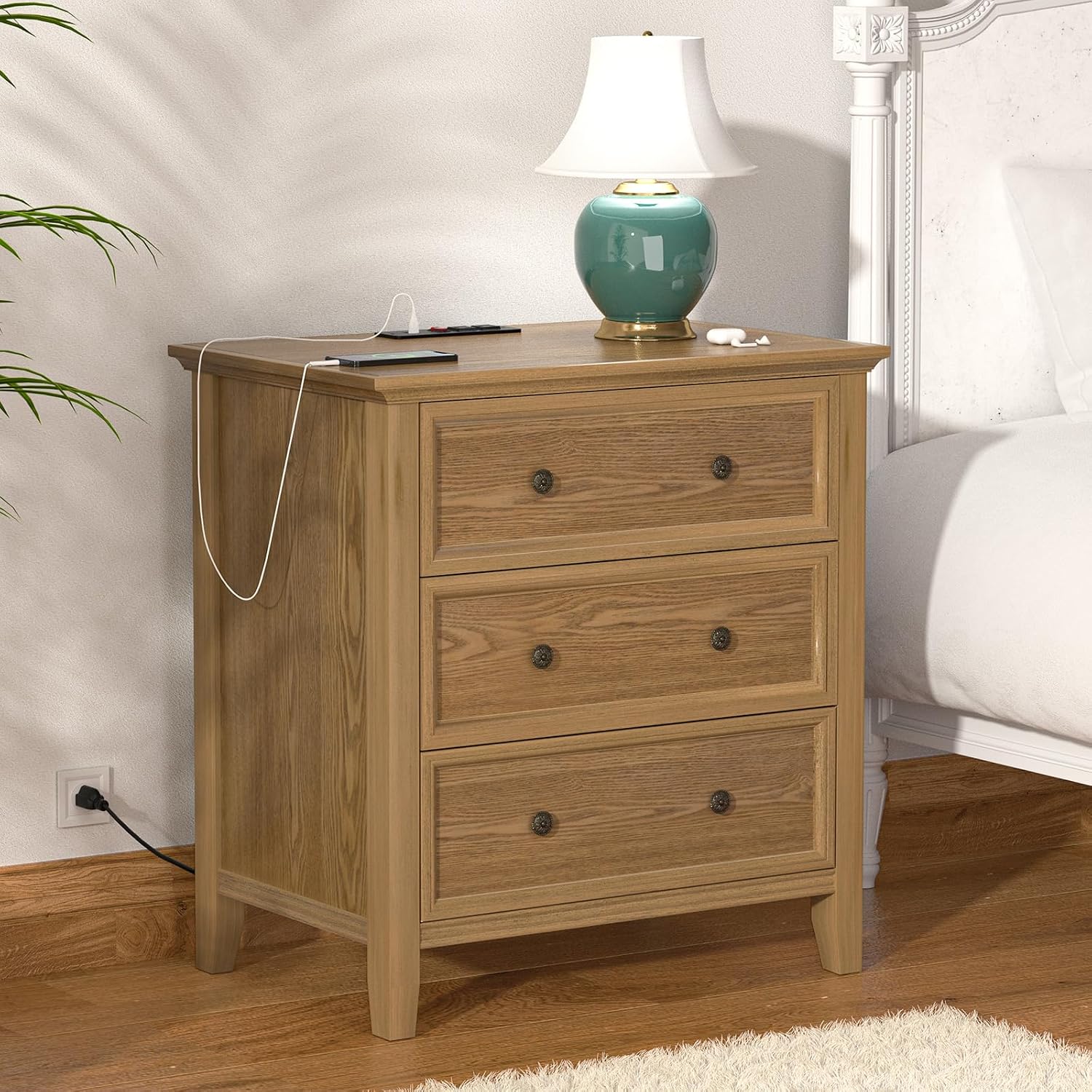 IKENO Solid Wood Nightstand Set of 2，Bed Side Table with Charging Station, Farmhouse Night Stand with 3 Storage Drawers for Bedroom, 27.6" W x 16.8" D x 26.8" H, Teak