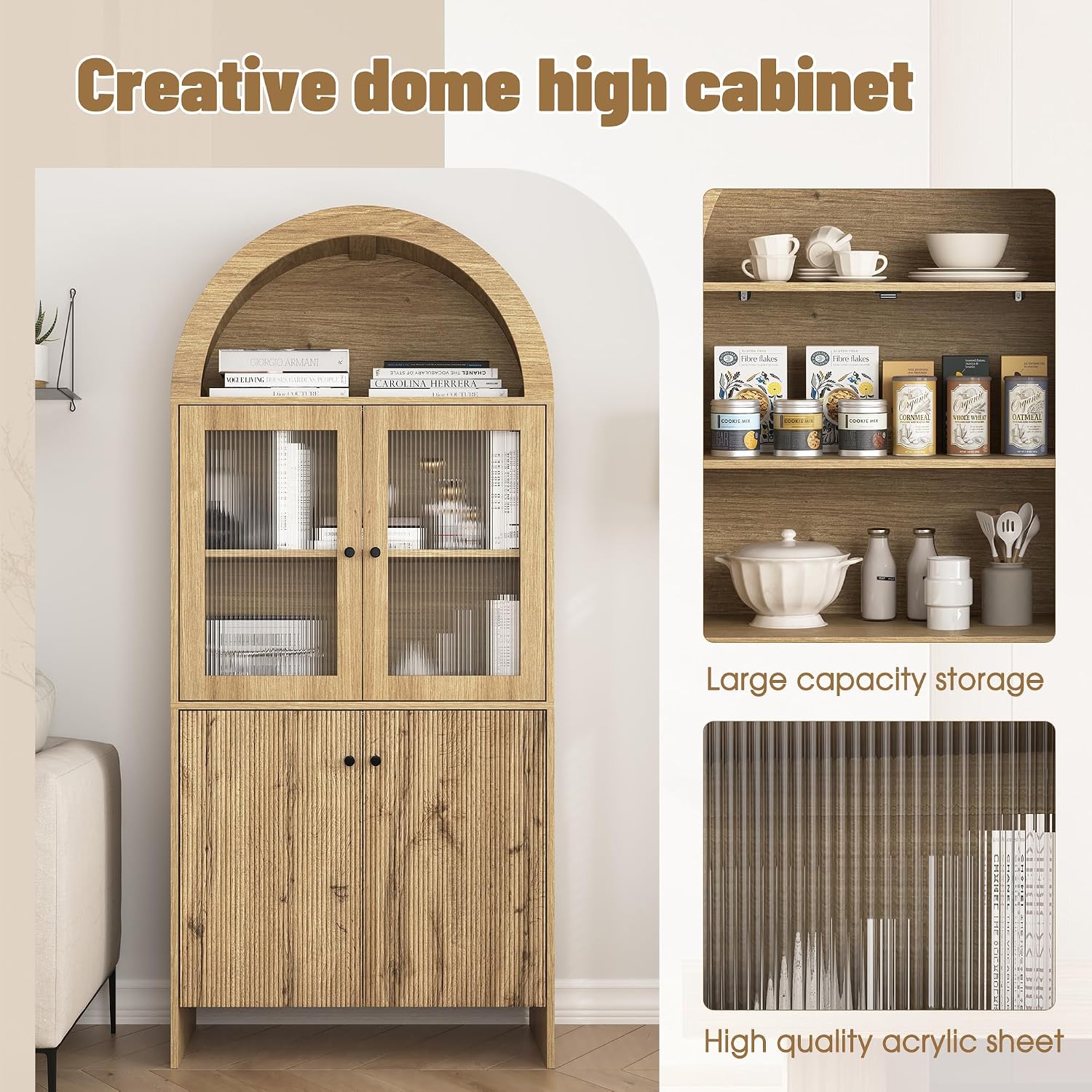 LED Tall Arched Top Food Cabinet, Fluted Kitchen Pantry with Adjustable RGB Lighting, 69" Tall Freestanding Wood Kitchen Storage with Adjustable Shelves, Modern Nordic Style Storage Organizer (Wood)