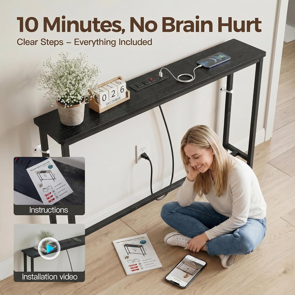 8.6" Narrow Console Table Behind Couch, 39.7” L x 32.3” H, Slim Sofa Table with Fast Charging Station for Small Spaces, Skinny Entryway & Hallway Table, Easy Assembly（Black）