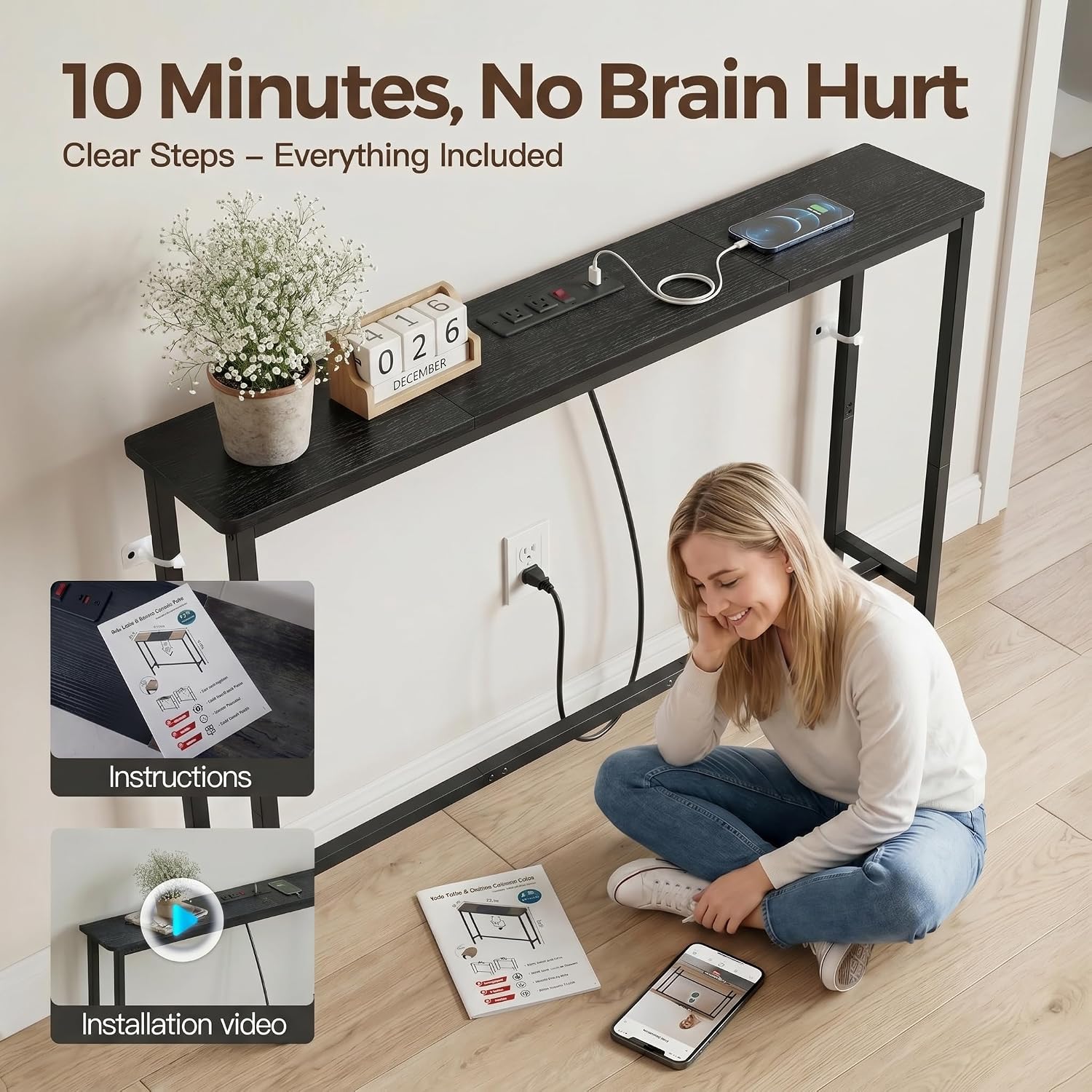 8.6" Narrow Console Table Behind Couch, 39.7” L x 32.3” H, Slim Sofa Table with Fast Charging Station for Small Spaces, Skinny Entryway & Hallway Table, Easy Assembly（Black）