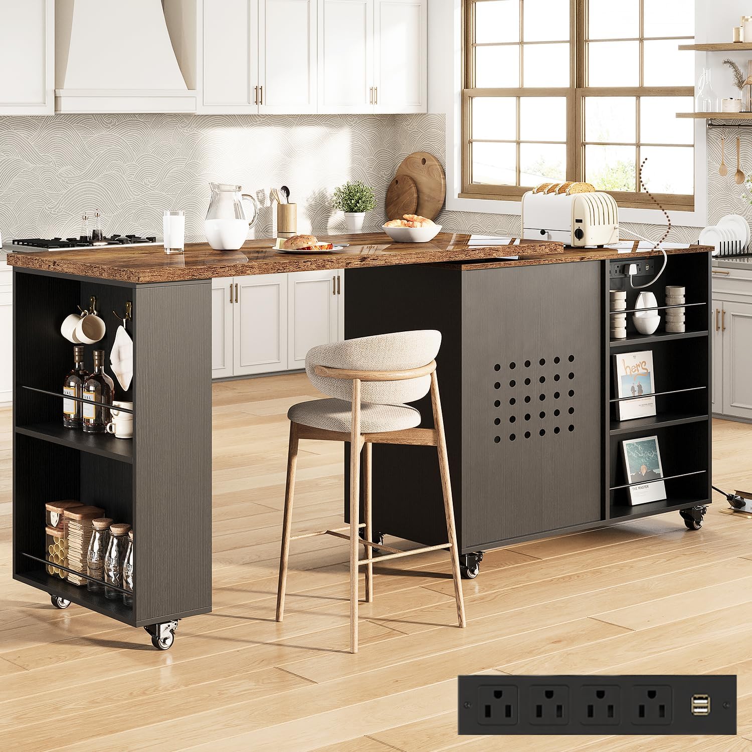 HSH 71” Rolling Kitchen Island with Storage Seating on Wheels, Rustic Brown | Mobile Island Cart With 360° Swivel Tabletop, With Power Outlet, Storage Cabinet, Open Adjustable Shelves Fit In Microwave