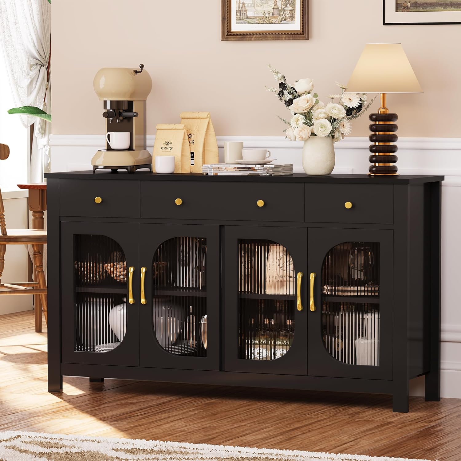 Sideboard Buffet Cabinet with Storage, 56" Buffet Table Coffee Bar Cabinet with Drawers and Glass Doors for Kitchen