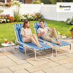 Outsunny Tanning Chair Set of 2 with Face Hole, Side Table, 5-Position Reclining Folding Chaise Lounge Chair Outdoor Lounger Recliner, Carry Straps for Beach Pool Camp, Oxford Fabric, Blue Stripe